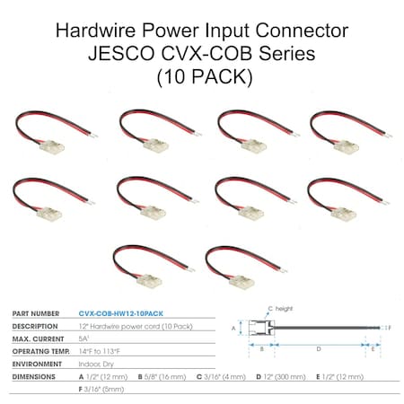 Jesco 12 inch Hardwaire Power input connecor for CVXCOB Series, 10PK CVX-COB-HW12-10PACK